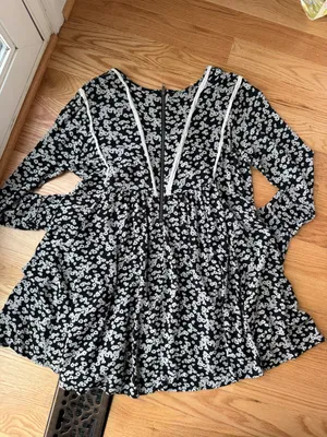 Free People Like You Best Black Floral Bell Sleeve Mini Dress Tunic M thumbnail 5