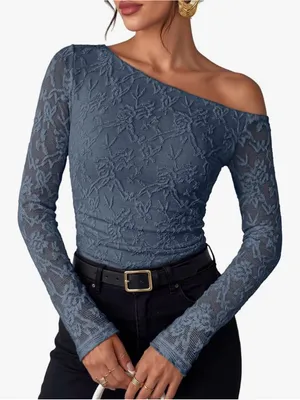 Dusty Blue Lace Asymmetrical Off-Shoulder Stretchy Zesica Fall Fitted Blouse NWT thumbnail 2