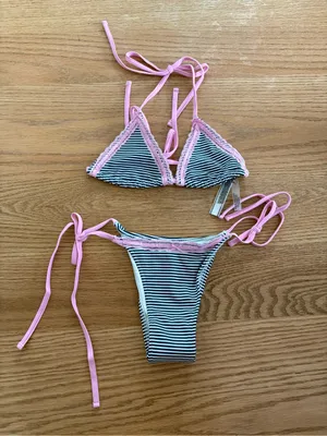Frankie's Bikinis Striped Triangle Bikini with Pink Trim thumbnail 1
