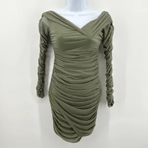 Selfie Leslie Ruched Off Shoulder Mini Dress S Olive Green Long‎ Sleeve Bodycon thumbnail 2