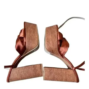 Lulu’s Lucianto Copper Satin Ankle Strap Wooden Platform Sandals SZ 6 thumbnail 8