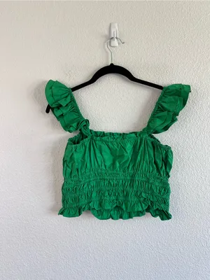 Anthropologie Maeve Women's Smocked Taffeta Tank Green Ruffle Cropped Boho thumbnail 6
