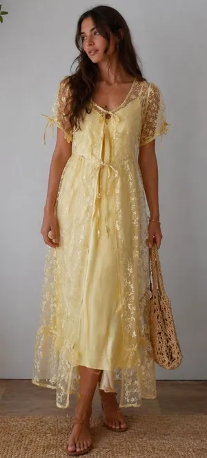 Anthropologie XS Canary Yellow Sheer Floral Maxi Dress‎ Women New Tie Front Boho thumbnail 1