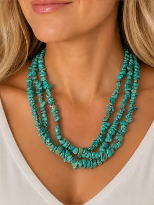 Turquoise Southwestern Chip Triple Strand Necklace With Silver Colored Metal thumbnail 1