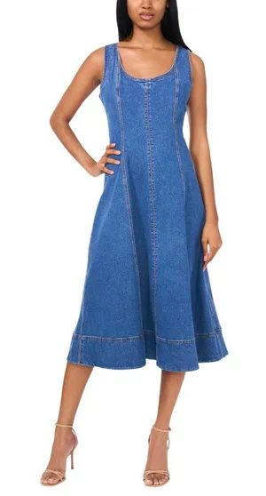 NWT 1. STATE Womens Scoop-Neck Sleeveless Denim Dress DS93397692AI Blue Quart XS thumbnail 1