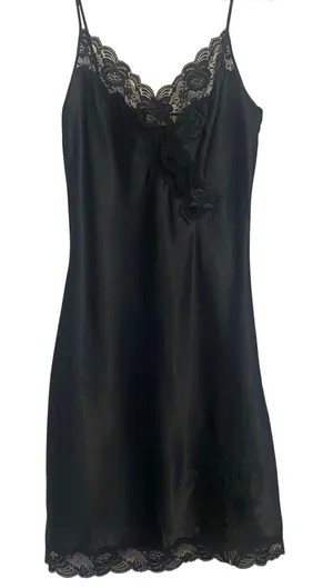 VTG Victoria's Secret Gold Label Lace Slip Midi Dress Womens Sz Large Goth LBD thumbnail 1