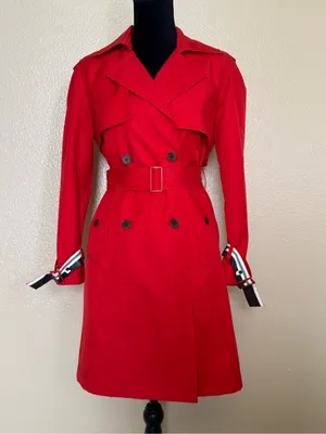 VIKI Red Trench Coat Womens 55 S Belted Double Breasted Korean Fashion NWOT thumbnail 2