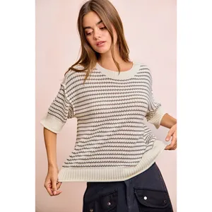 BiBi Stripes Short Sleeves Rib Banded Outseam Knit Top‎ - Cream/Grey - Medium thumbnail 4