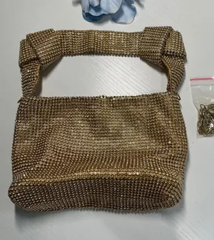 Gold Rhinestone Mesh Knotted‎ Handle Evening Handbag with Detachable Chain Strap thumbnail 1