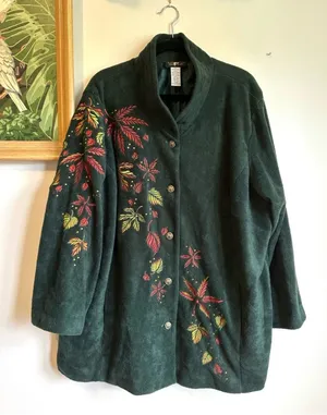Bob Mackie Leaf Embroidered Fleece Button Down Coat Womens 3X Green thumbnail 1