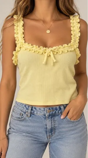 Maeve Anthropologie Size M Yellow Ruffle Ribbed Tank Top Coquette Y2K thumbnail 1