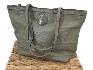 Coach Womens Gross Grain Patent Leather Stitch Tote Shoulder Bag Green Gray Medi thumbnail 1