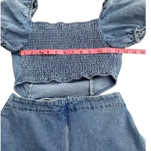 Altar'd State Y2K Festival Summer square neck puff sleeve cut out waist Denim Romper size S thumbnail 10