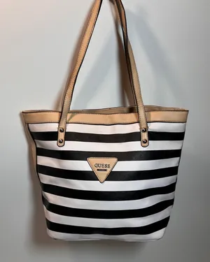 Guess Black White Stripe Tote‎ Bag Beige Trim Interior Leopard Print thumbnail 1