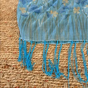Floral Blue and White Scarf with Fringe thumbnail 2