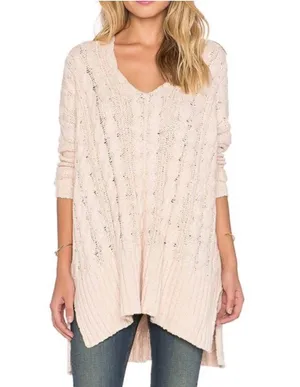 Free People Easy Cable Knit Sweater Drop Shoulder Oversized Women’s XS Beige thumbnail 1