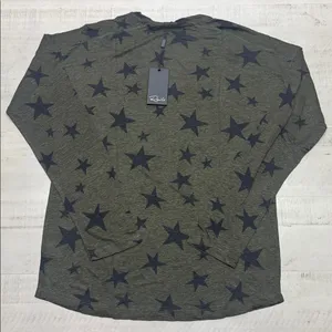 Rails Sami Drop Shoulder V-neck Linen Blend long sleeve Tee In Sage Black Stars thumbnail 5