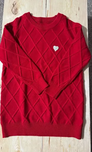 Red Diamond Lattice Knit Sweater with White Heart Patch‎ Crew Neck Long Sleeve thumbnail 1