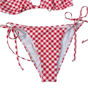 Betty Jade Large Triangle String Bikini Swim Top Bottoms Plaid Tie Straps Lined thumbnail 3