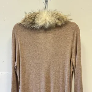 Loft Faux Fur Collar Open Front Cardigan Tan Heather Knit Pockets Large Neutral thumbnail 5