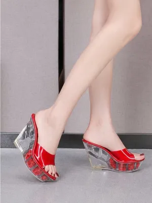 Red Clear Wedge Slide Sandals with Rose thumbnail 1