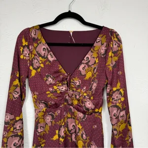 Free People Red Floral Balloon Sleeve Mini Dress Womens 2 Peasant Satin Burgundy thumbnail 3