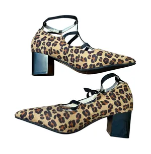 Leopard Print Pumps Mary Jane T-Strap Brown Block‎ Heel Pointed Toe Size 39 8.5 thumbnail 1