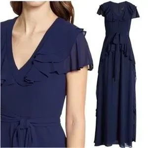 Shani Navy Blue Ruffle Trim V-Neck Flutter Sleeve Formal Evening Maxi Dress 6 thumbnail 3