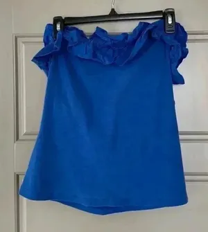 Maeve Anthropologie Blue Strapless Ruffle Blouse Xl thumbnail 1