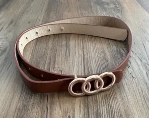 Brown Women's Belt with Triple Ring Gold Buckle thumbnail 1