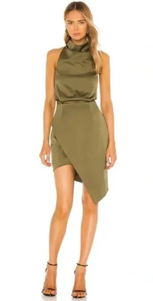 ELLIATT Camo Asymmetric Satin Cocktail Dress in Khaki Size Large thumbnail 15