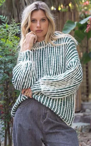 POL Two-Tone Woven Mock Neck Sweater Multi Green & White thumbnail 1