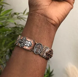Y2K Bronze Silver Gold tone brown studded metal cross bracelet bangle jewelry #gothic #grunge #subversive #whimsygoth #emo jewel thumbnail 3