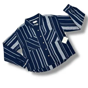 Sandy & Sid Striped Long Sleeve Button‎ Up Crop Shirt Blue White Large thumbnail 12