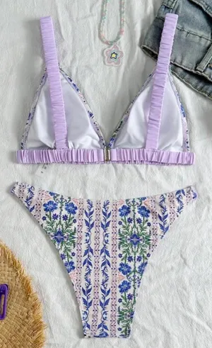 SheIn 2pcs Women Swimsuit Set With Random Purple Print thumbnail 2