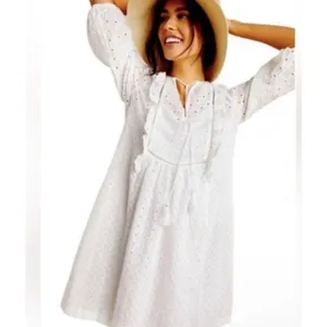 Anthropologie White Eyelet V Neck Mini Dress Tassels Sz 0 NEW thumbnail 2