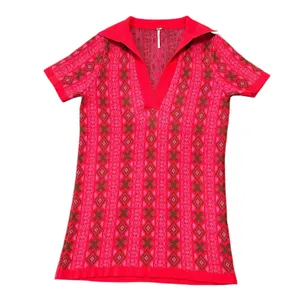 Free People Pink Red Geometric Knit Sweater Polo V-Neck Short Sleeve 70s Boho thumbnail 3