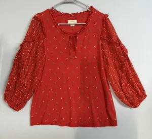 Anthropologie Maeve‎ Size-S Womens Jacquin Lace Sleeve Blouse Orange thumbnail 1