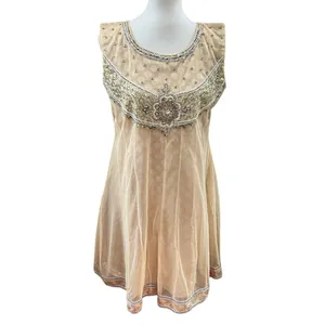 Handmade India Beaded Mesh Tunic Dress Champagne Gold Silver Embellished L/XL *Runs Small thumbnail 2