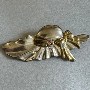 Vintage Two-Tone Wide Brim Sun Hat Brooch with‎ Rhinestone Accents & Gold Bow thumbnail 3