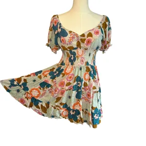 Angie Floral Smocked Boho Mini Dress Medium Cottage Indie Retro Rayon Festival thumbnail 13