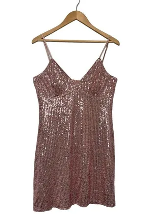 Lulus Party in Style Sequin Sleeveless Mini Lined V Neck Dress Light Pink XL thumbnail 1