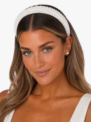 White Faceted Beaded Padded Headband Bridal Coquette Wedding Hair Accessory thumbnail 2