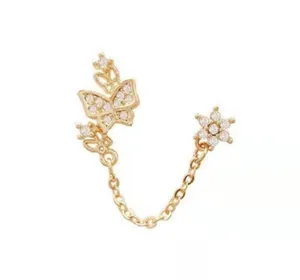 18K Gold Plated Double Pierced Holes Tassel Chain Butterfly Stud Earrings for Women thumbnail 2