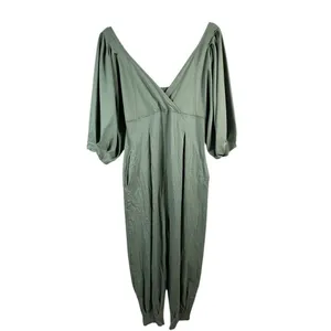 Free People Lotta Love Romper XS Sage Green Puff Sleeve Pleated Reversible Boho thumbnail 3