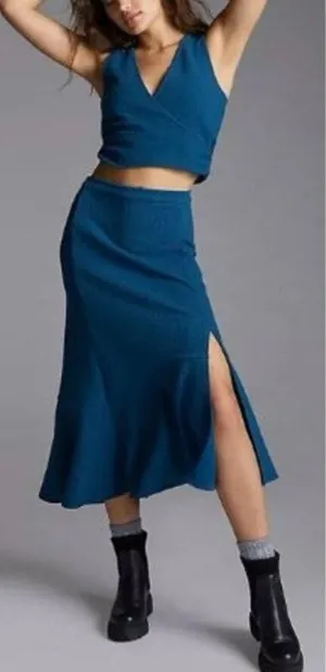 By Anthropologie Size M Slim Knit Skirt Teal Midi Ribbed Stretch Pull On thumbnail 1