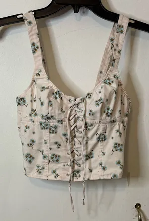 Victoria's Secret Floral Lace-Up Crop Top - Cream and Green thumbnail 1