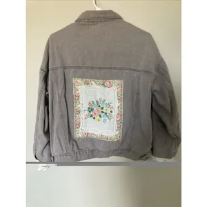 POL Womens Jacket Patchwork Denim Boho Chic M Floral Frayed Trim Gray thumbnail 9