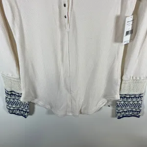 Free People Ivory Combo Henley Thermal Waffle Knit Crochet Cuff Top Large‎ Boho thumbnail 3