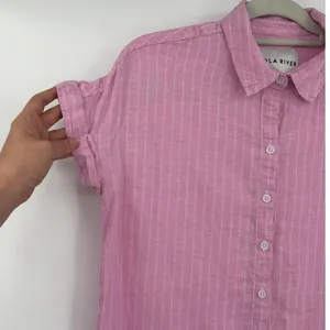 Lola River Linen Blend Pin Stripe Button Womens Shirt Sz M Pink Preppy Coastal thumbnail 4